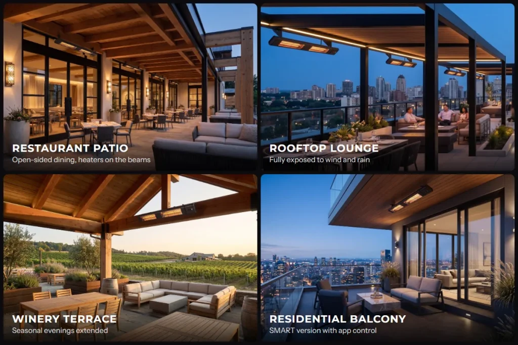 Four outdoor spaces heated by ceiling-mounted SRP mWAVE heaters, a restaurant patio, rooftop lounge, winery terrace and residential balcony